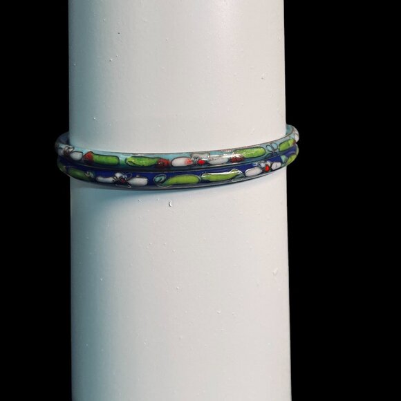 Vintage Cloisonne Bangle Bracelet Set Enamel Floral Jewelry Stackable Boho Chic - Picture 2 of 7